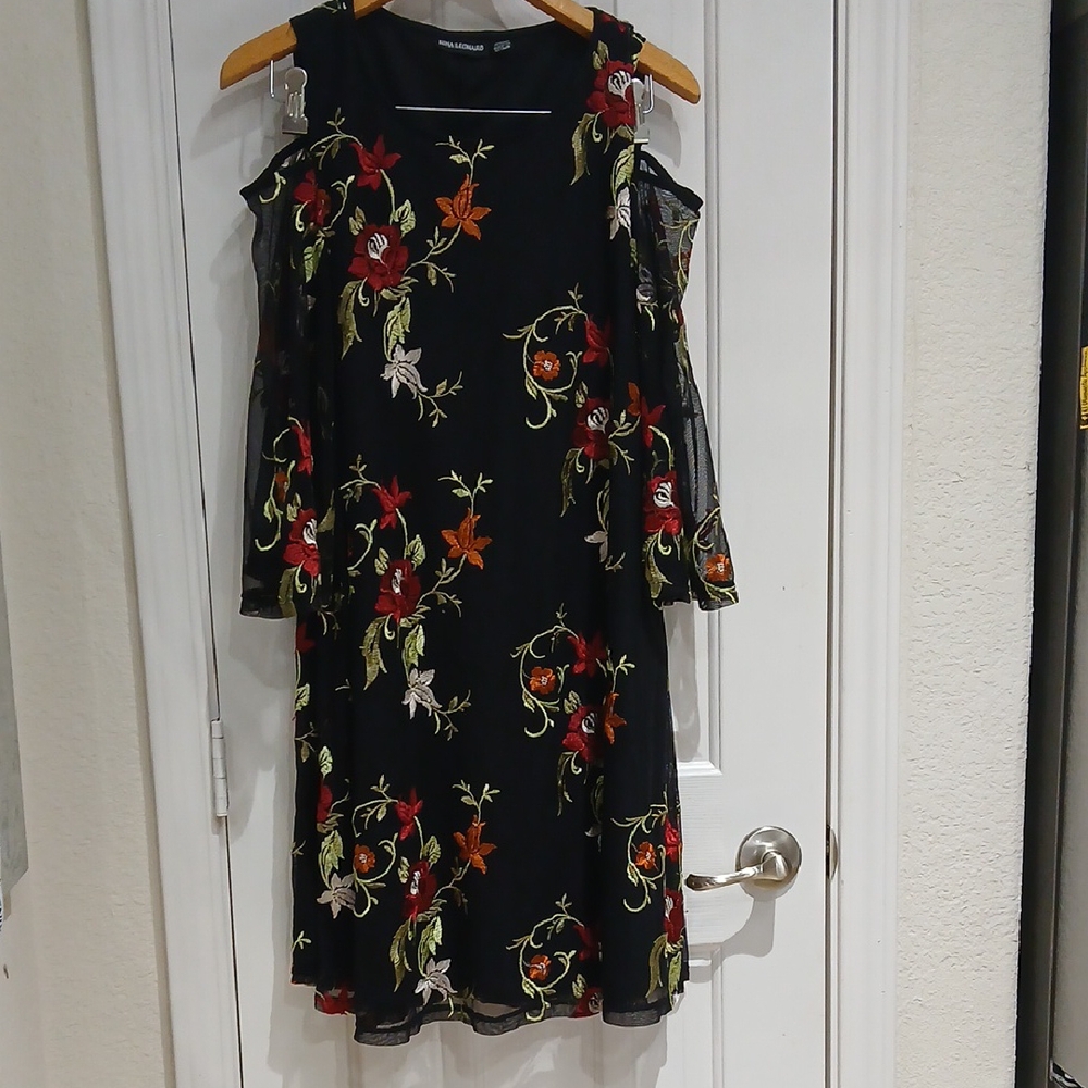 Nina Leonard Orange and Green Tiered Ruffled Sundress Size L